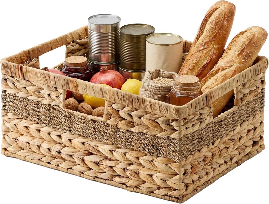 Rectangular woven water hyacinth and seagrass basket with handles