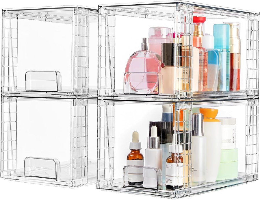 Four large clear stackable pull-out storage drawers