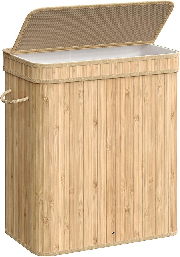 Natural bamboo laundry hamper with a lid, rope handles and a cream liner